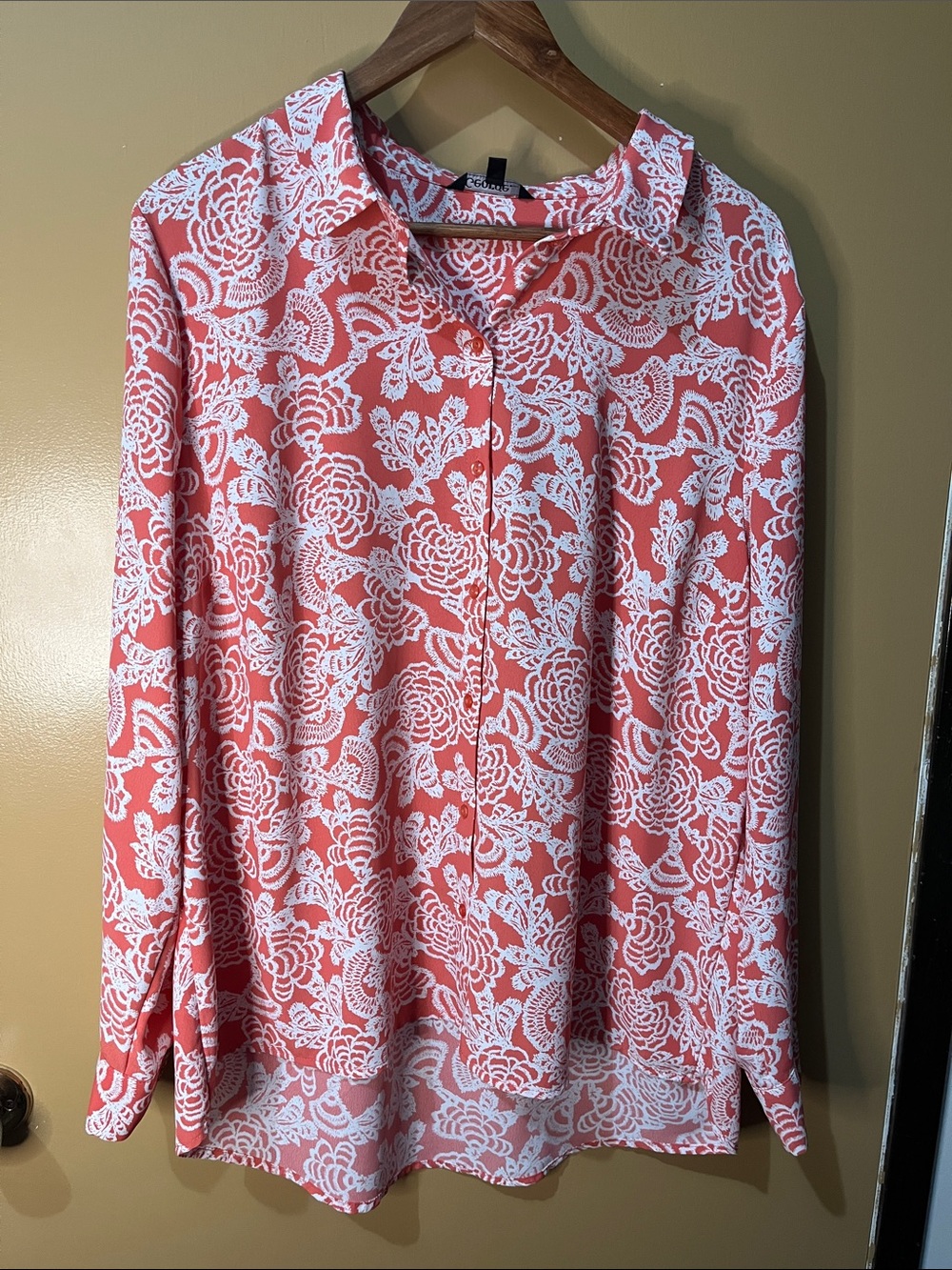 George Coral and White Lace-Print Button Down Shirt